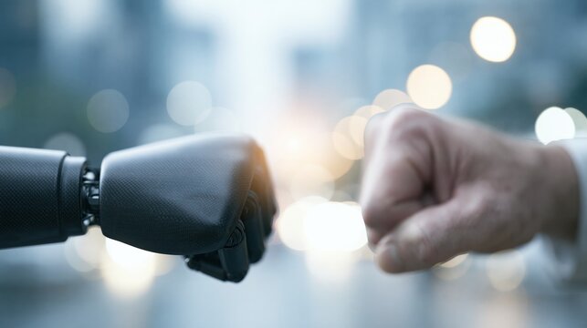 Robot and human fist bump symbolizing collaboration