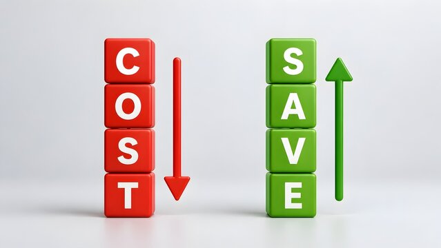 Stacked blocks spelling COST with a downward red arrow and SAVE with an upward green arrow symbolizing cost reduction and savings increase.