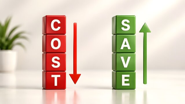 Stack of red cubes spelling COST with a downward red arrow next to a stack of green cubes spelling SAVE with an upward green arrow symbolizing cost