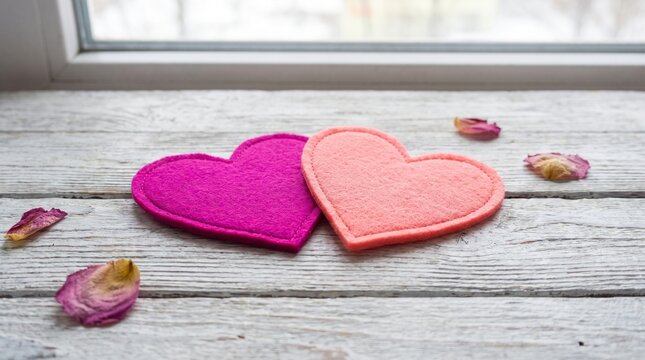 Romantic pink and magenta felt hearts resting on a distressed wooden background with subtle window light and dried flower petals, perfect for celebrating love and affection