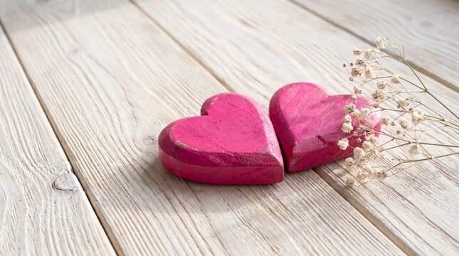 Two pink felt hearts on a rustic wooden background symbolizing love and Valentine's Day