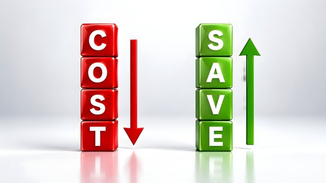 Red blocks spelling COST with a downward red arrow next to green blocks spelling SAVE with an upward green arrow symbolizing cost reduction and