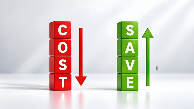 Red blocks spelling COST with a downward red arrow and green blocks spelling SAVE with an upward green arrow symbolizing cost reduction and savings.
