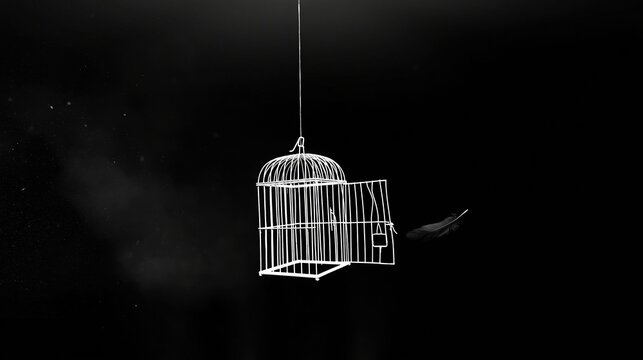 White birdcage with open door and feather on