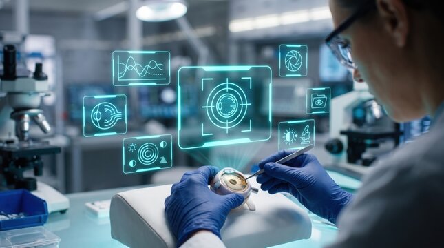 Close-up of a scientist in blue gloves using a precision tool to examine a bionic eye module with futuristic holographic data displays in a high-tech laboratory
