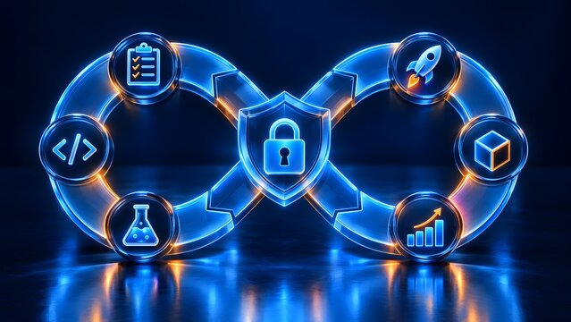 DevOps infinity loop with icons for code testing security deployment and growth representing continuous integration and delivery.