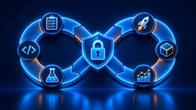DevOps infinity loop with security shield code checklist flask rocket cube and graph icons on dark blue background