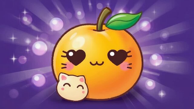 Cute Cartoon Orange Fruit With Heart Eyes and Adorable Cat for Food, Nutrition and Playful Children's Content