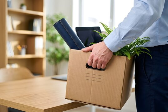 Office worker holding cardboard box with personal belongings, concept of resignation, downsizing, unemployment or getting fired