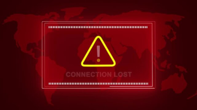 Digital connection lost warning sign with glowing yellow alert triangle and map background, for cybersecurity, network, failure, internet disconnection, and global technology, system error concepts