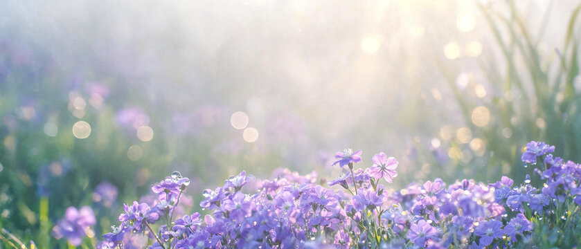 Delicate purple flowers with dew drops in soft morning light