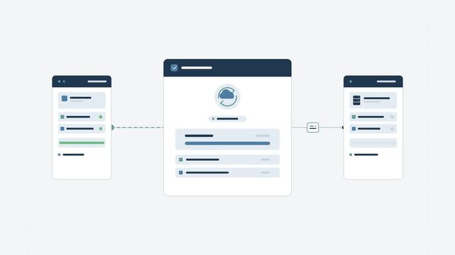 Digital workflow automation process displays interconnected software interface windows in this clean flat design motion graphic technology animation video clip
