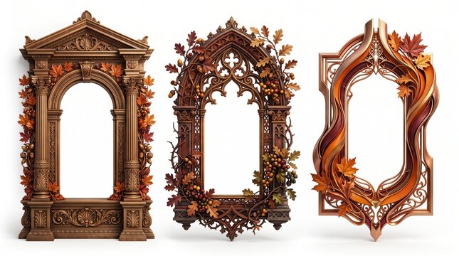 Ornate gothic wood frames with autumn leaves, set of 3 decorative wooden borders for mirrors or photos, vintage carved timber archways with fall foliage, elegant dark wood architectural elements.
