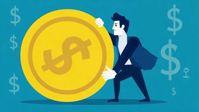 Businessman Holding a Giant Dollar Coin Representing Wealth, Investment, Financial Success, Savings and Economic Growth