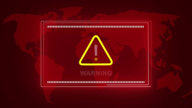 Digital warning sign with glowing yellow exclamation triangle and animated map background, for cybersecurity alerts, global network security, threats, data breach, notifications, and system errors