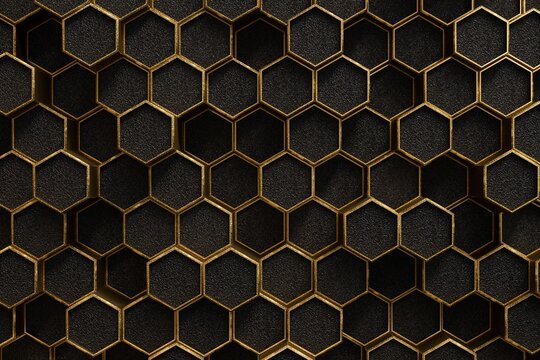 Abstract geometric pattern of golden honeycomb cells with dark textured