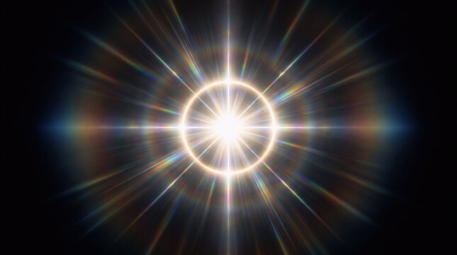 Lens flare light burst with a glowing halo ring, intense bright star shine at the center