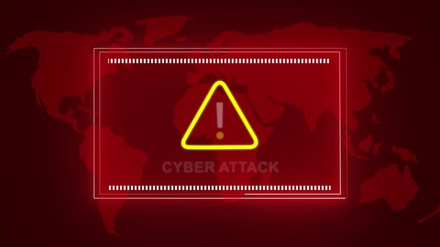 Urgent cyber attack warning alert motion featuring a flashing yellow hazard symbol and global map background, for cybersecurity threat, notifications, data breach, security, and digital safety