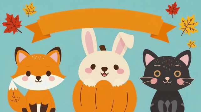 Cute flat illustration of fox, rabbit and cat together with autumn leaves for seasonal animal and children's design concepts