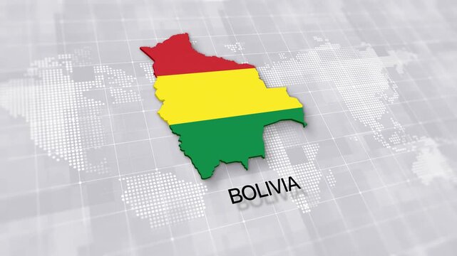 Bolivia map with national flag on white digital world map background, global political, geographic border for international news concept with minimal background
