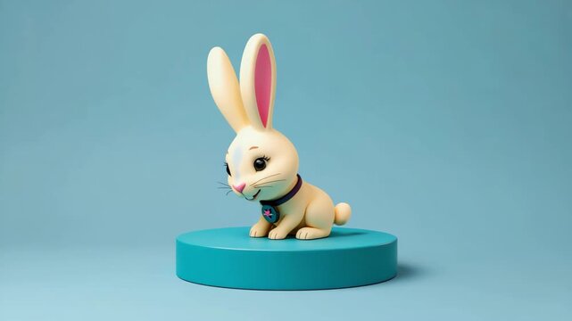 Cute three dimensional white rabbit sitting on a platform for children's content, toy design, mascot and playful concepts