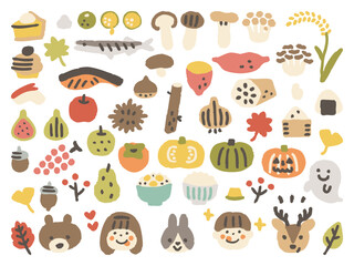 Obraz premium 手描きかわいい秋の味覚セット 線画なし②