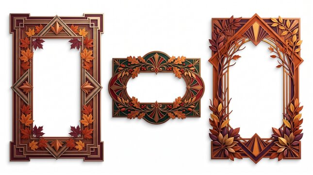 Art deco autumn picture frames set with 3 decorative borders, vintage wooden fall leaf frames for seasonal photography, elegant brown and orange geometric foliage borders for holiday invitations.
