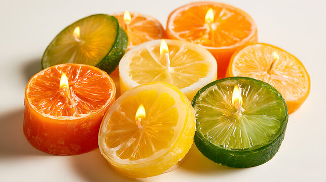 Citrus fruit candles shaped like sliced oranges, lemons, and limes, bright colorful wax, translucent fruit-like details, tiny burning wicks.