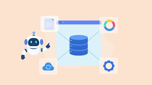 Animated video showing an AI robot beside a central cloud database connected to documents, analytics, cloud storage, and settings elements, representing digital infrastructure.