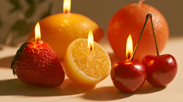 Fruit-shaped candle set featuring realistic strawberry, lemon, orange, and cherry candles, vibrant natural colors, detailed handmade wax texture.
