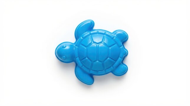 A blue plastic turtle shaped sand mold toy, isolated on white background