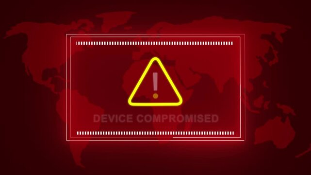 Cyber security alert warning interface featuring a flashing device compromised notification with a digital map background, for network protection, data breach prevention, and global it