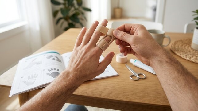 Man applies finger splint to injured finger with medical supplies and instructional booklet on wooden table