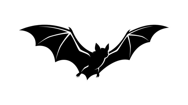 Black bat silhouette flying with spread wings on white background