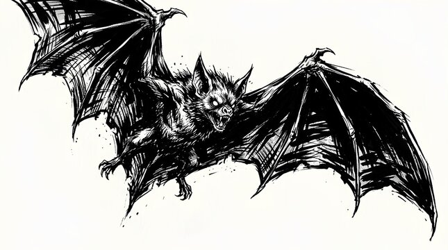 Gothic black ink drawing of a monstrous bat in flight
