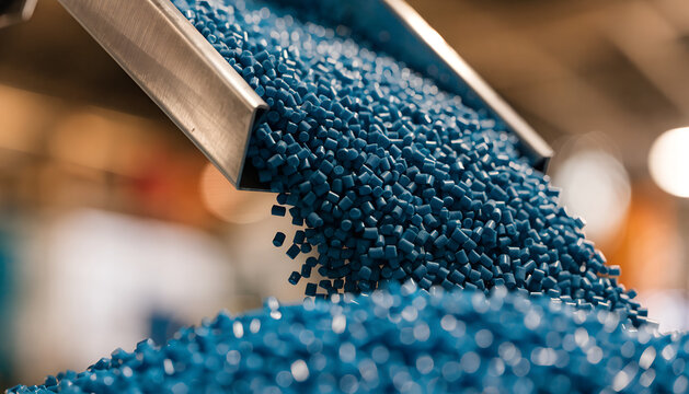 Cyan-blue plastic pellets cascade from brushed steel chute, macro motion freeze. Industrial manufacturing, recycling, polymer production, raw materials concept.