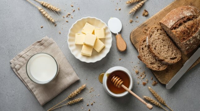 Breakfast table setting with bread, butter, milk and honey