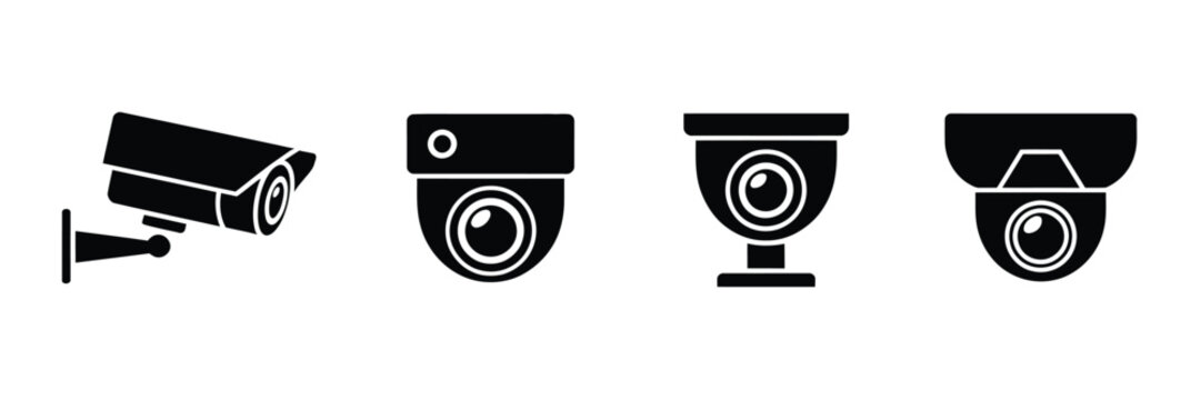Security camera and CCTV vector icon set, 5 black silhouette pictograms for surveillance bullet cameras dome cameras monitoring and safety signs
