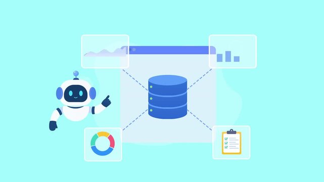 Animated video showing an AI robot beside a central cloud database connected to analytics, monitoring, reporting, and data elements, representing digital infrastructure and data management.