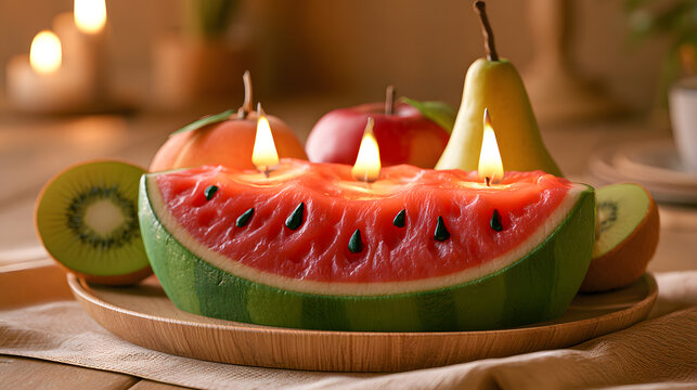 Cute fruit candle centerpiece shaped like a watermelon slice, peach, apple, pear, and kiwi, playful colorful designs, handcrafted wax texture.