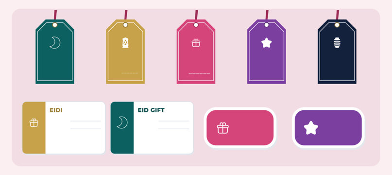Eid gift tags and eidi money envelope labels with crescent lantern art