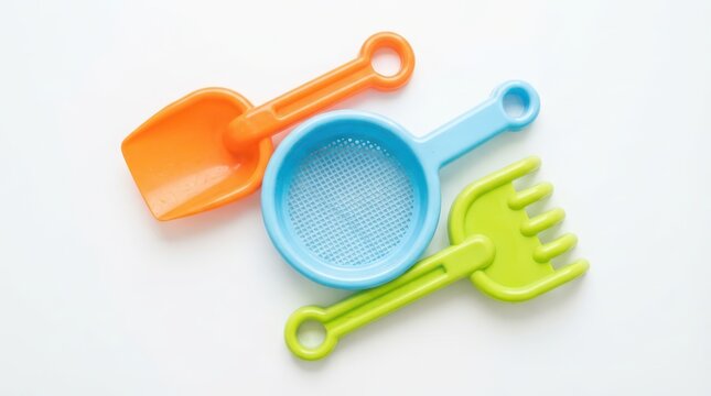 Colorful plastic beach toys including a shovel, a sifter, and a rake isolated on white background