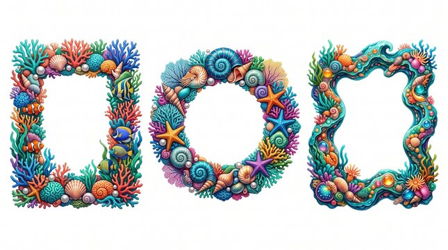 Underwater coral reef frame set with seashells and starfish, colorful ocean border collection for summer invitations, nautical sea life photo frames with tropical fish and aquatic plant textures.