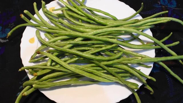 Freshly washed yardlong or boro beans at kitchen slab