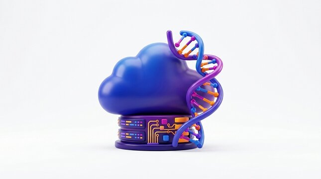 3D Illustration of Cloud Computing Server with DNA Helix Symbolizing Genetic Data Storage and Bioinformatics