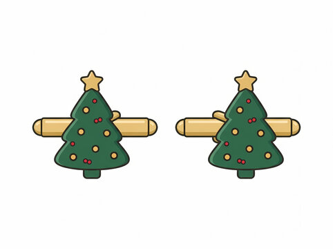 A pair of festive green christmas tree cufflinks with golden clasps and star toppers, presented as a vibrant vector illustration on a clean white background for holiday fashion concepts.