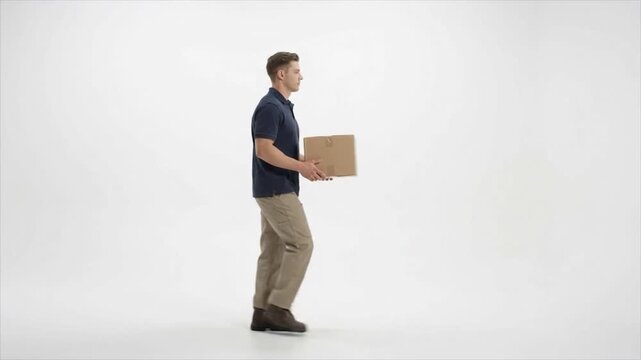 Professional Delivery Man Walking with Cardboard Box Package on White Background.