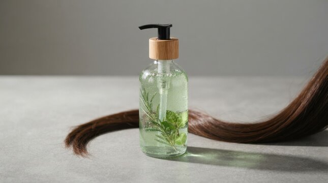 Glass bottle of natural herbal hair shampoo with rosemary and mint sprigs inside, placed on a grey surface next to a lock of brown hair
