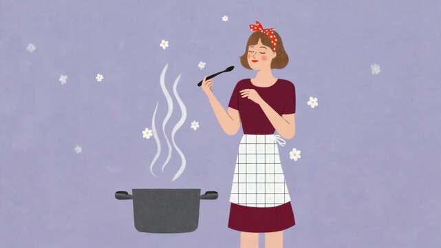 Woman Cooking with Spoon and Steaming Pot in a Whimsical Food and Culinary Concept