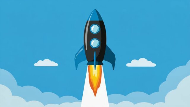 Cartoon Rocket Launch Representing Startup Growth, Business Success, Innovation and Ambition
